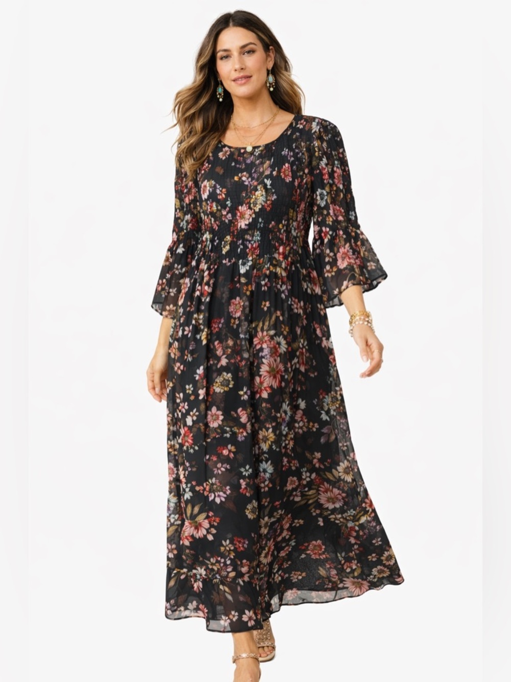 ECI New York Womens Black Floral Smocked Bell Sleeve Maxi‎ Dress Size S